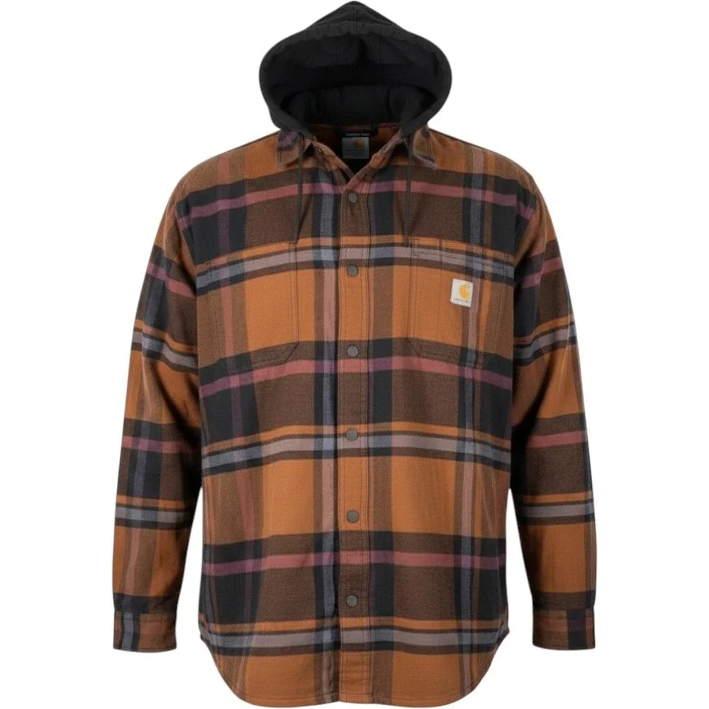 Carhartt Rugged Flex Flannel Fleece Lined Hooded Shirt TJ5621-M Brown 2XL NWT